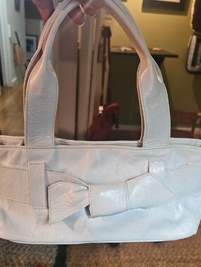 White Leather Hand Bag with Decorative Bow - Women's Handbag